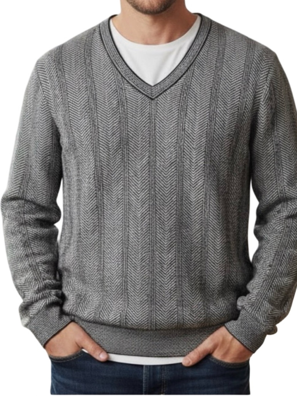 Burberry Herringbone Sweater, 100% Merino Wool, Gray & Black, Made in Italy, NWT
